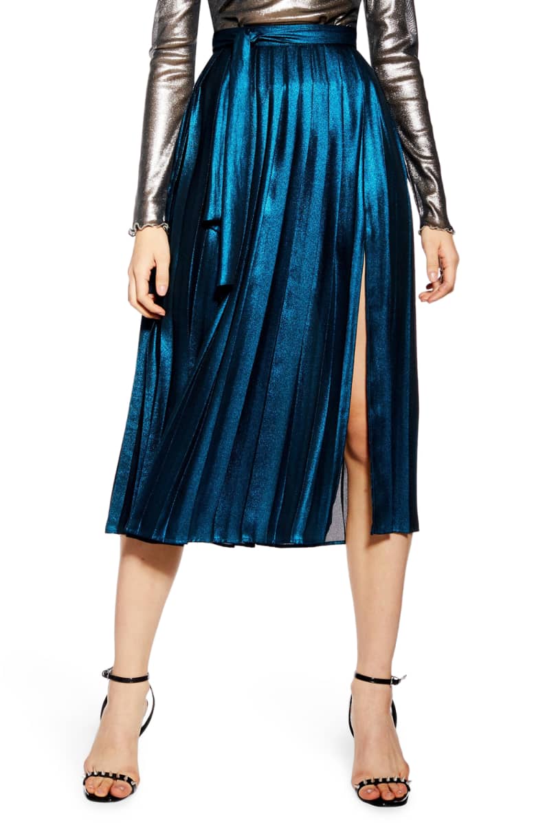 Metallic Pleat Midi Skirt