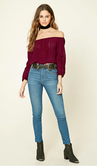 blue jeans burgundy top