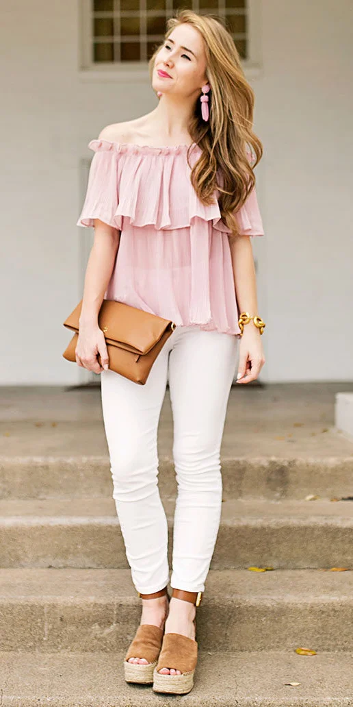 light pink top with jeans