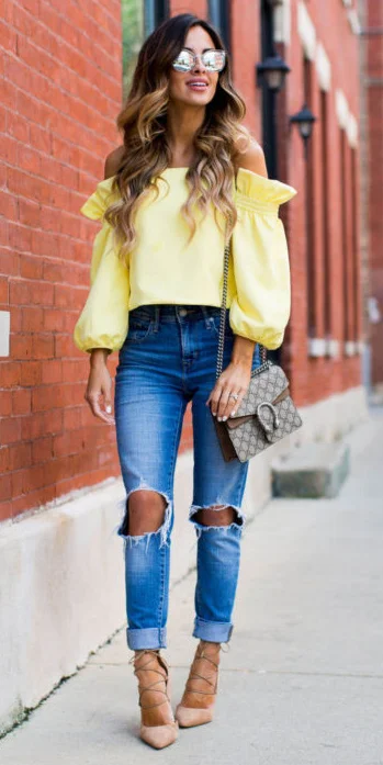 blue jeans and yellow top