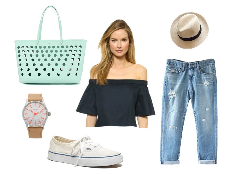 black off shoulder top with jeans