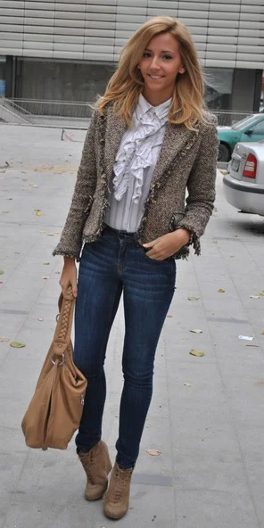 tan jacket blue jeans