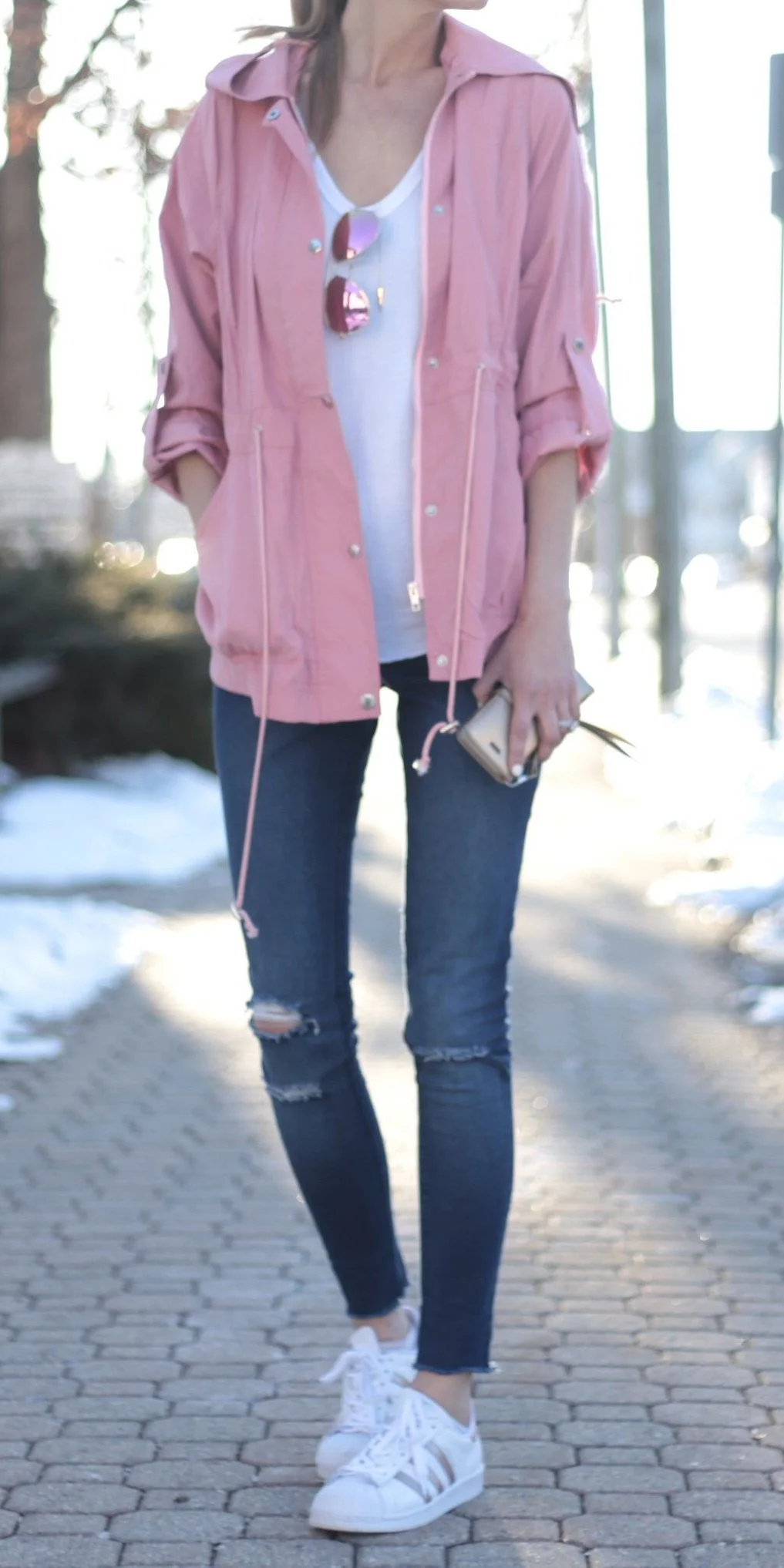 Pink utility jacket with khaki pants outfit