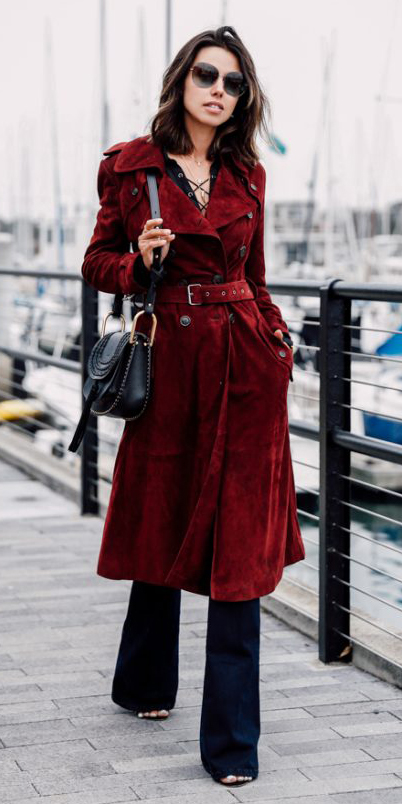 fall red trench coat outfit