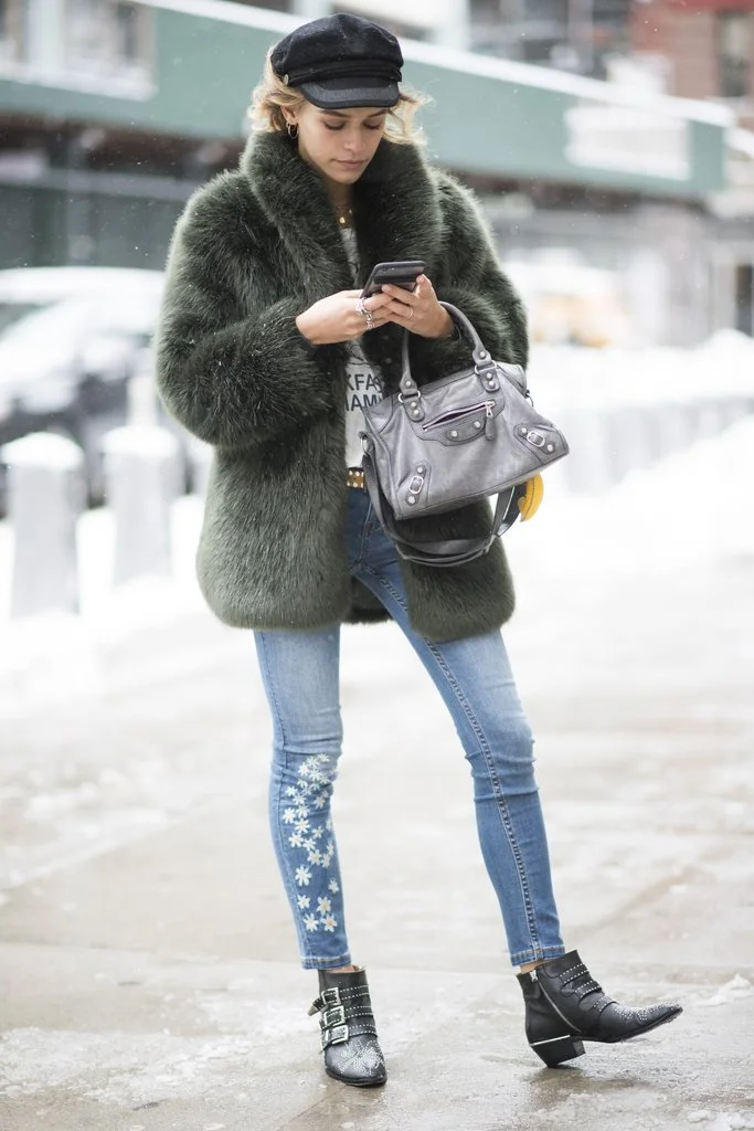 fur coat with jeans