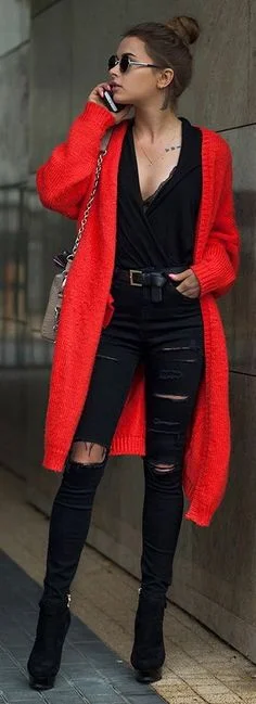 red long cardigan outfit