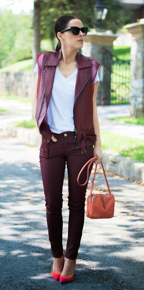 Premium Photo | Woman wearing high heeled shoes in burgundy trousers