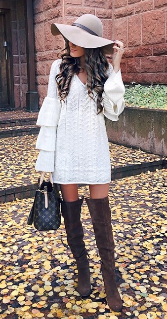 Brown Cardigan, White Dress + Brown OTK Boots
