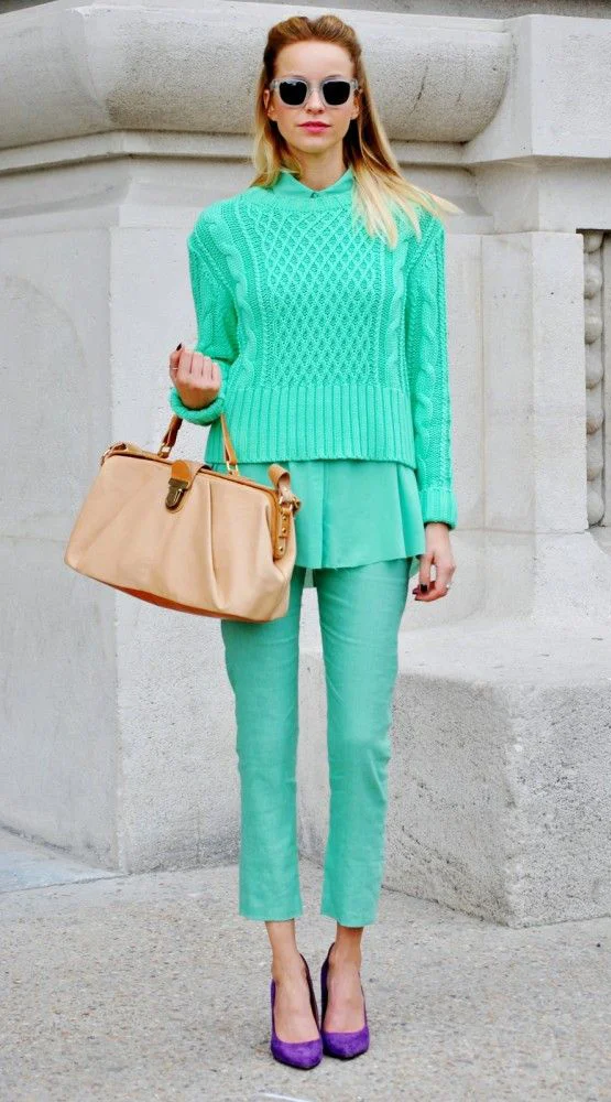 purple and teal outfit