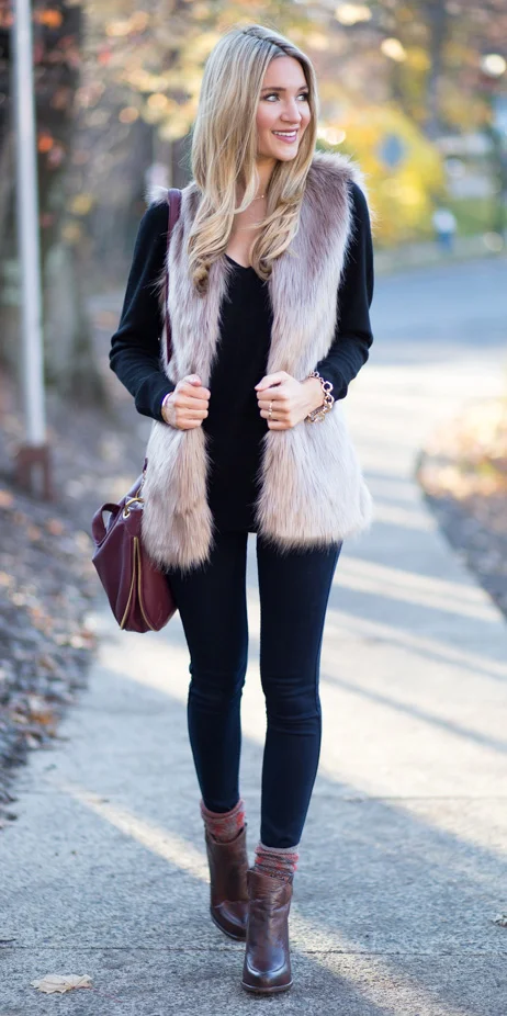 fur vest with jeans