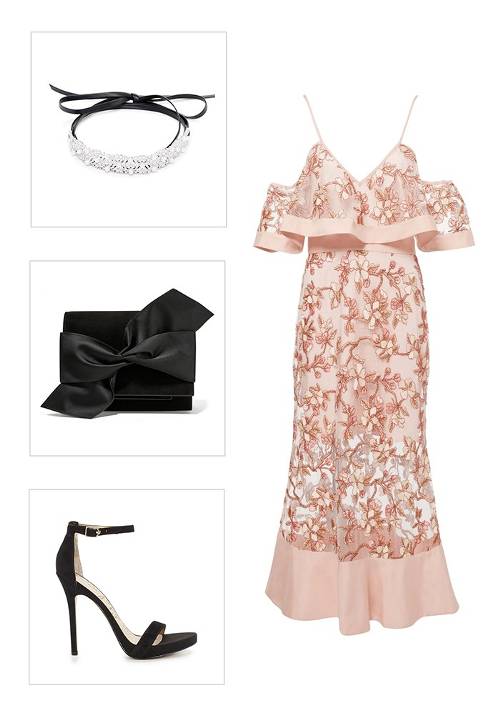 light pink dress with black shoes