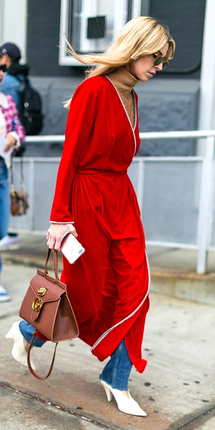 red dress camel coat