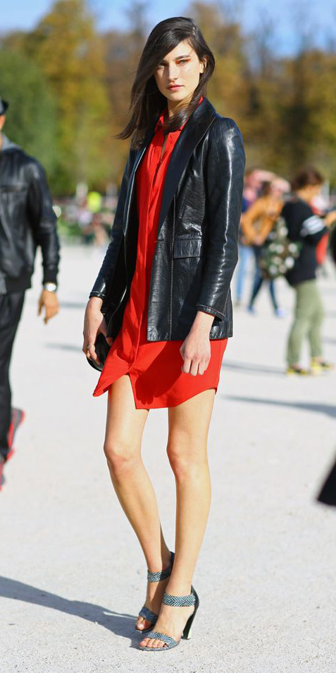 red dress black jacket