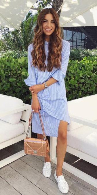 peach dress with blue shoes