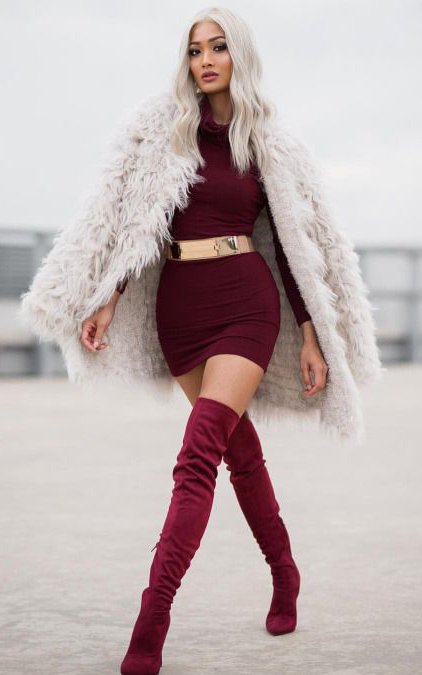 burgundy dress with white shoes