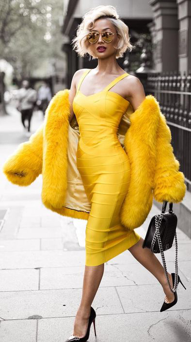 yellow dress black heels