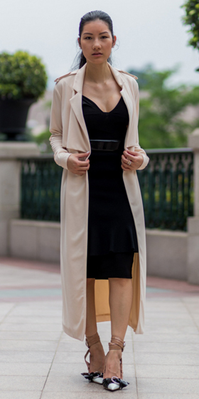 black dress with long jacket