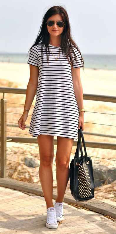 Outfit Idea: Black T-shirt Dress + White Sneakers.