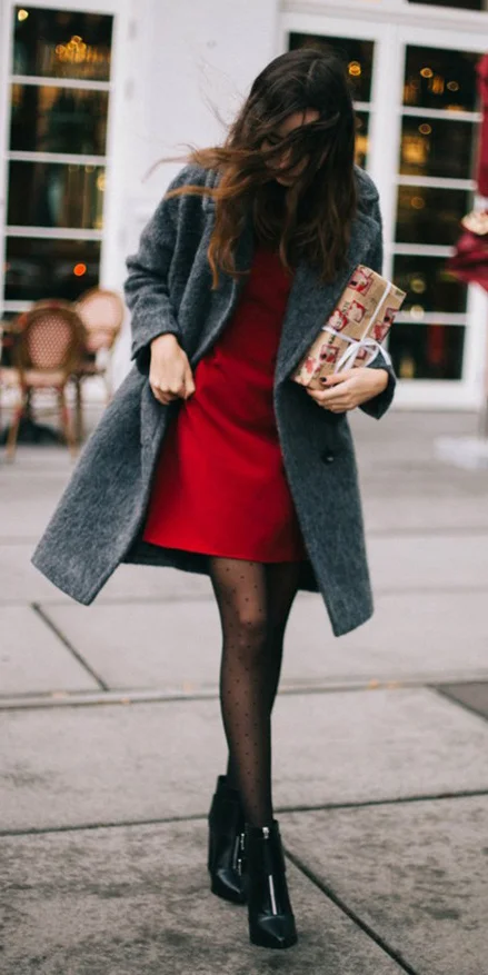 red dress grey boots