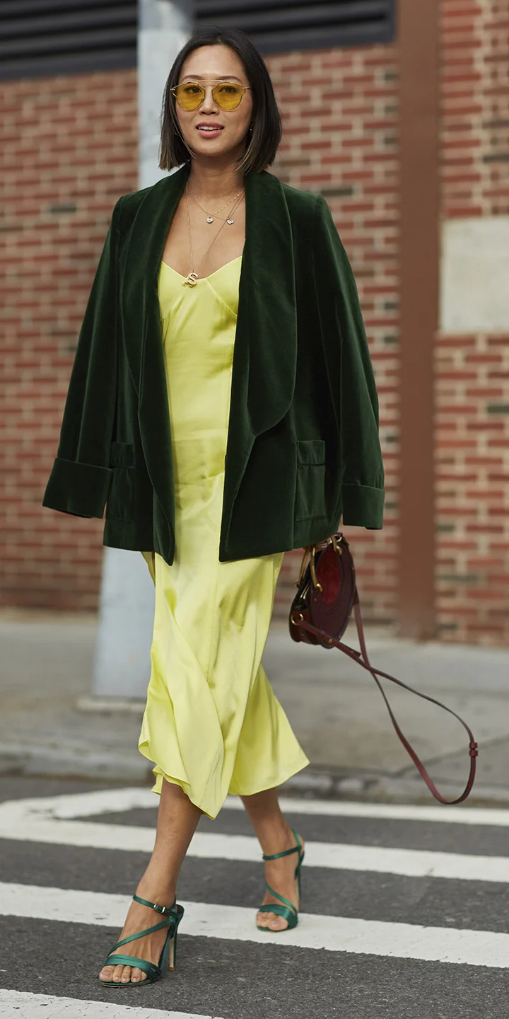 yellow dress with black blazer