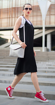black slip dress with white shirt