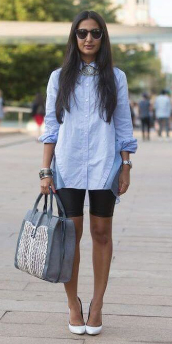 black-shorts-cycling-bike-blue-light-collared-shirt-brun-sun-gray-bag-bracelet-white-shoe-pumps-spring-summer-lunch.jpg