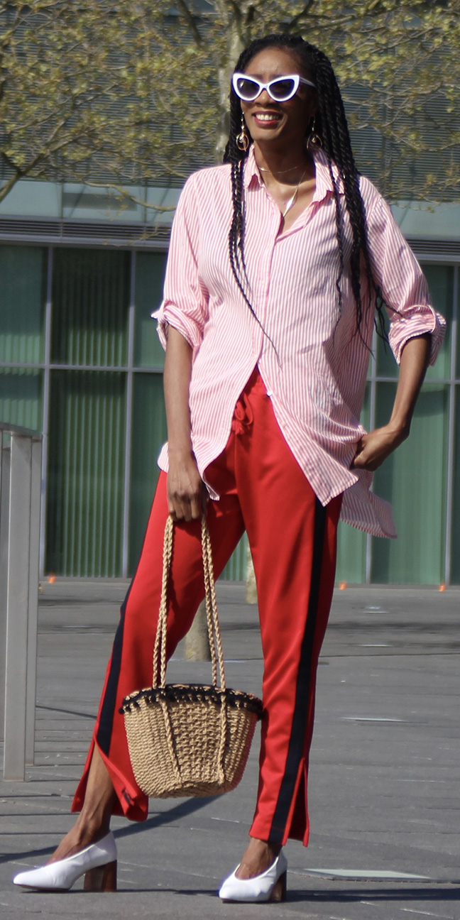 pink-light-collared-shirt-trackpants-white-shoe-pumps-tan-bag-straw-sun-brun-red-joggers-pants-spring-summer-lunch.jpeg