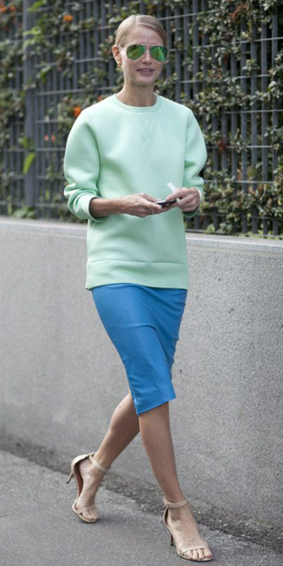 blue-med-pencil-skirt-tan-shoe-sandalh-blonde-bun-sun-green-light-sweater-sweatshirt-spring-summer-lunch.jpg