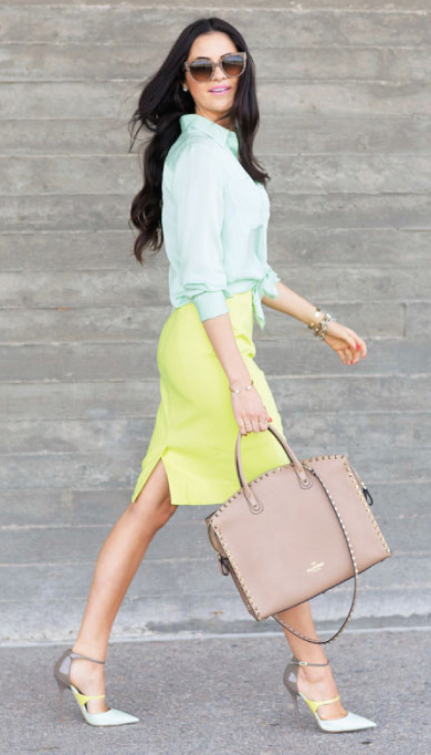 Green Tie Front Blouse + Yellow Pencil Skirt  Color blocking outfits,  Roupas coloridas, Roupa saia lápis