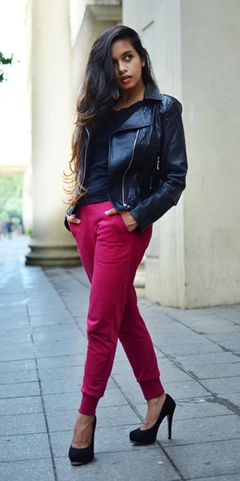 red pants black shoes