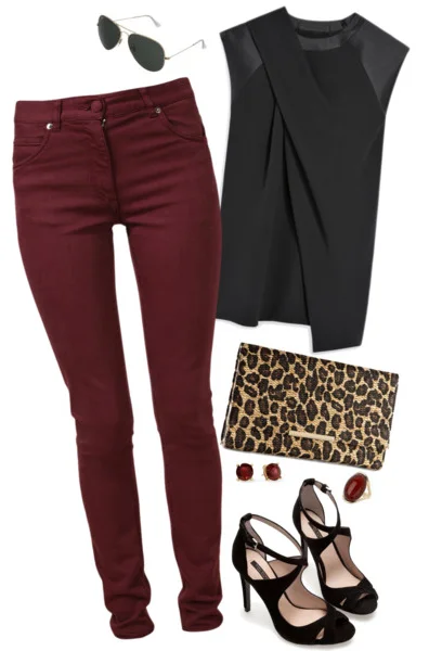 burgundy top with black jeans