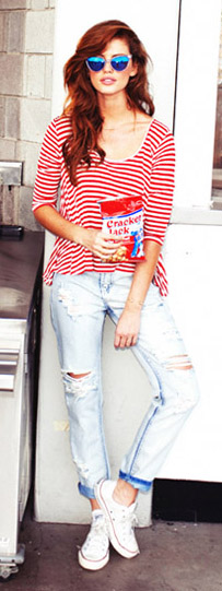 red top blue jeans outfit