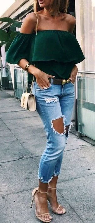 denim and green outfit