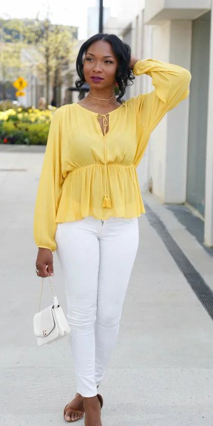 yellow top white jeans