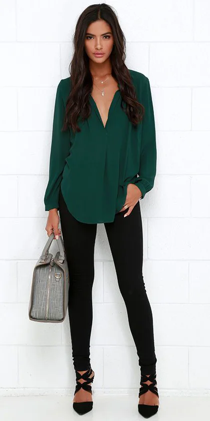 green blouse with jeans