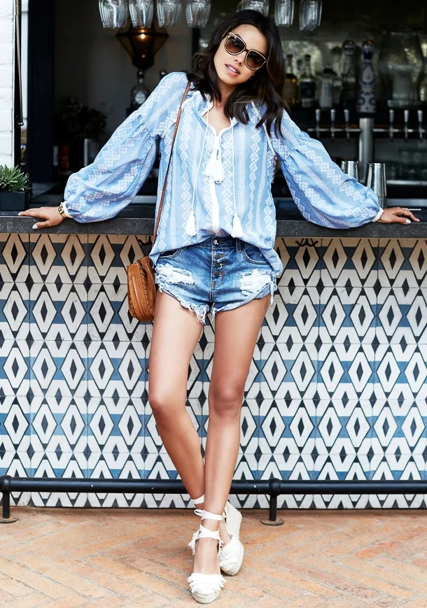 light blue peasant top