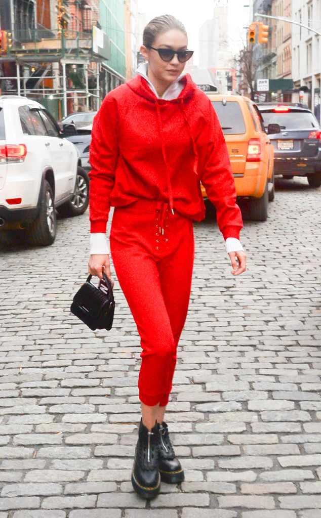 red sweatshirt outfit