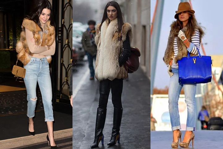 fur vest with jeans