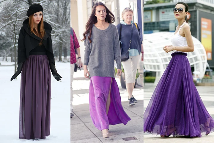 purple maxi skirt outfit