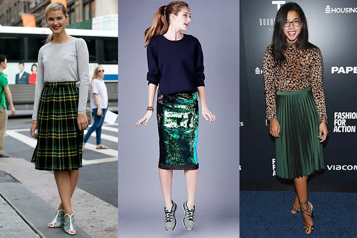 Emerald green midi skirts
