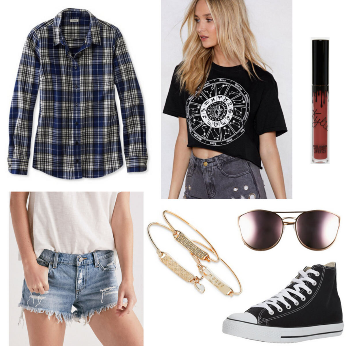Check styling ideas for「Flannel Checked Shirt、High-Rise Denim Shorts」