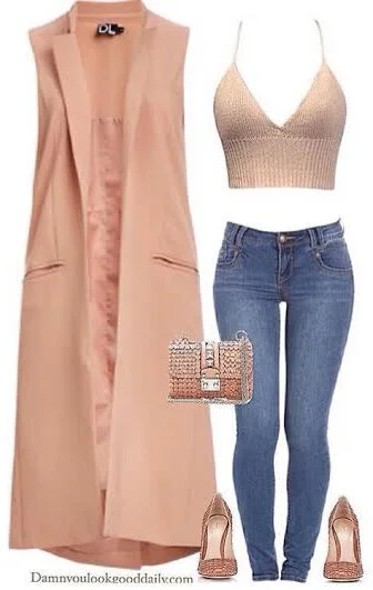 peach and maroon outfit