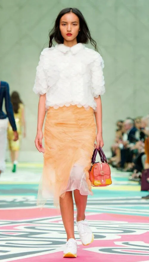 peach and maroon outfit