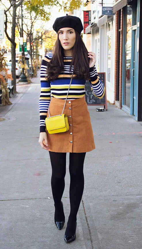 mustard skirt black tights