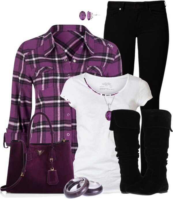 black white and purple outfit