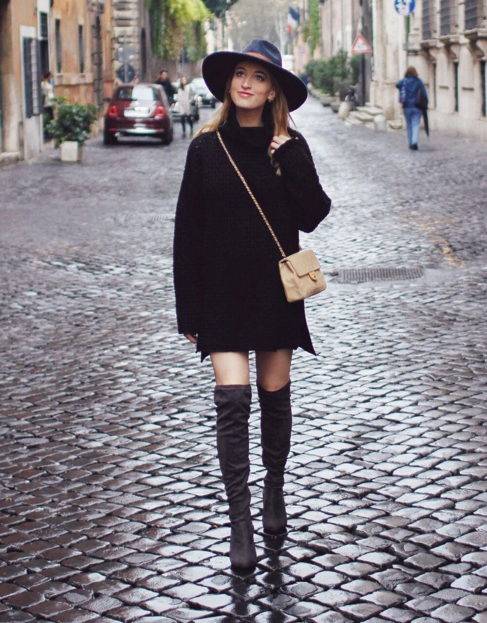 black-dress-sweater-tan-bag-hat-hairr-black-shoe-boots-otk-fall-winter-italy-lunch.jpg