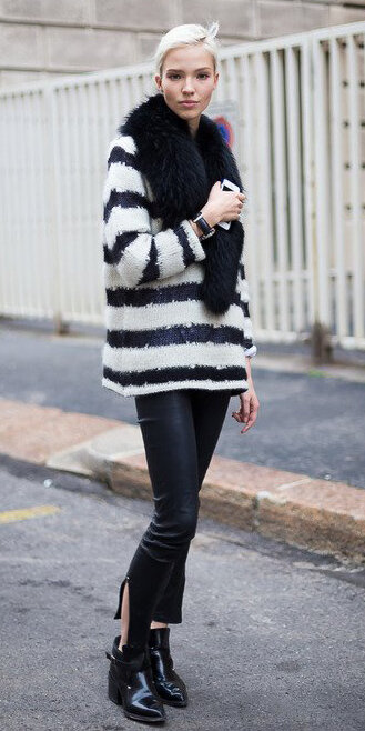 black-leggings-white-sweater-stripe-black-scarf-stole-fur-black-shoe-booties-fall-winter-blonde-lunch.jpg