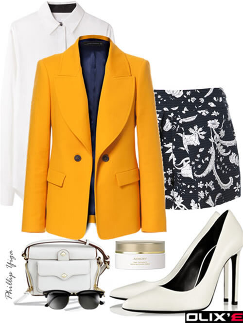 black-shorts-white-top-blouse-yellow-jacket-blazer-print-white-bag-white-shoe-pumps-sun-howtowear-fashion-style-outfit-spring-summer-work.jpg