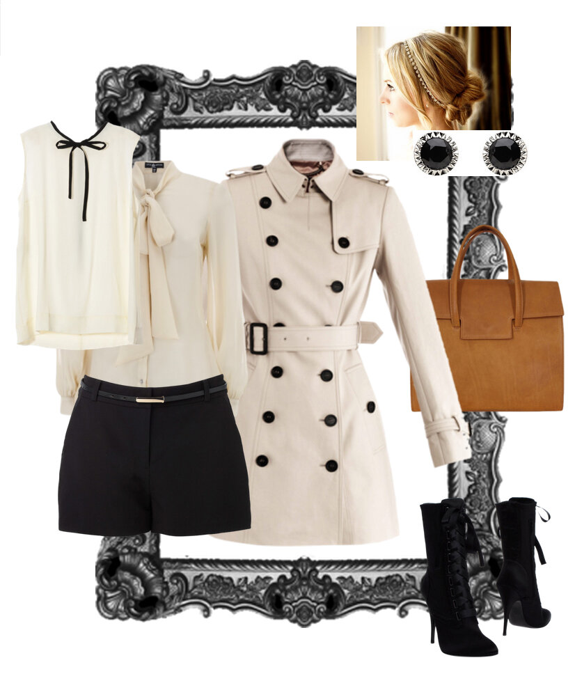 black-shorts-white-top-blouse-tan-jacket-coat-trench-cognac-bag-black-shoe-booties-bun-studs-bow-howtowear-fashion-style-outfit-spring-summer-blonde-work.jpg