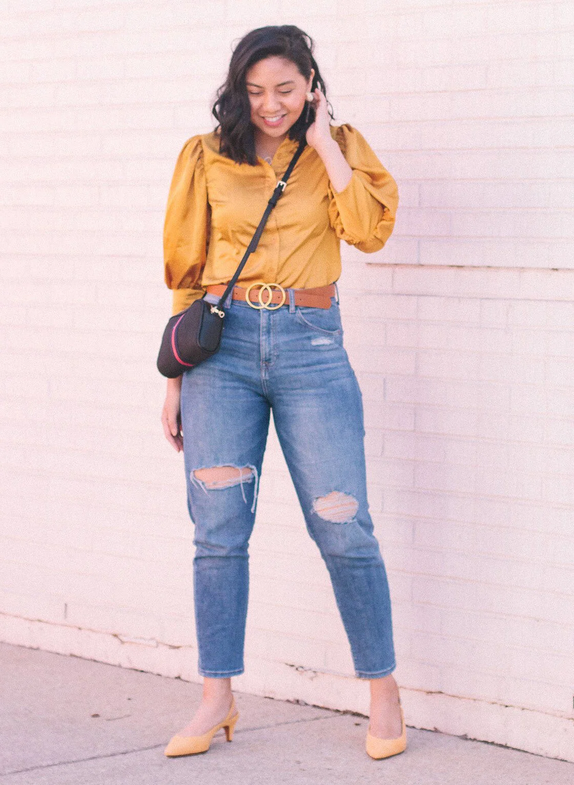 yellow top with blue jeans